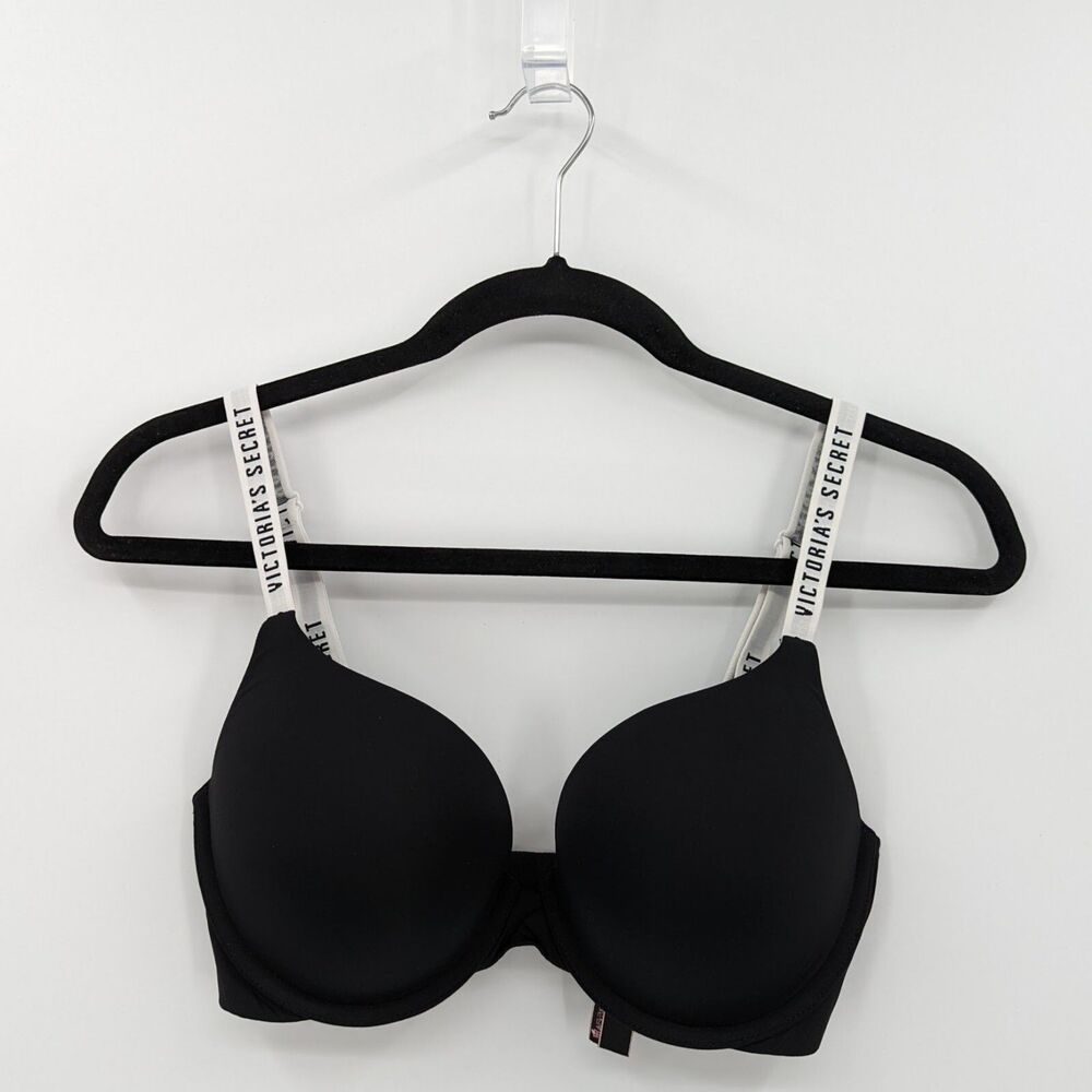 Victoria's Secret Bra Women's 32DD Black T-shirt Push Up Full Coverage Logo